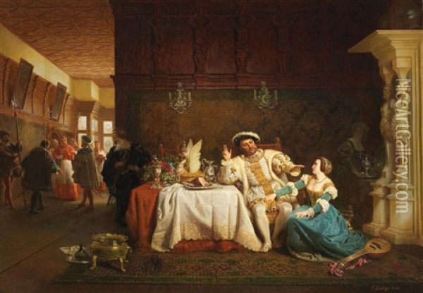 Anna Boleyn Uberredet Konig Heinrich Viii. Zur Entlassung Des Kardinals Wolsey Oil Painting - Emanuel Leutze