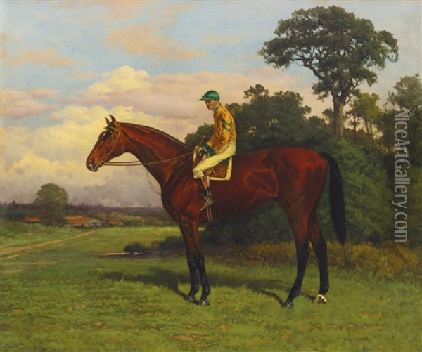 Horse And Jockey, Green With Yellow Stripe Silk Oil Painting - Henry Stull