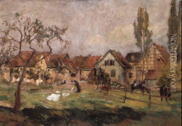 Blick Auf Ein Dorf Mit Pferdekoppel Oil Painting - Friedrich Eckenfelder