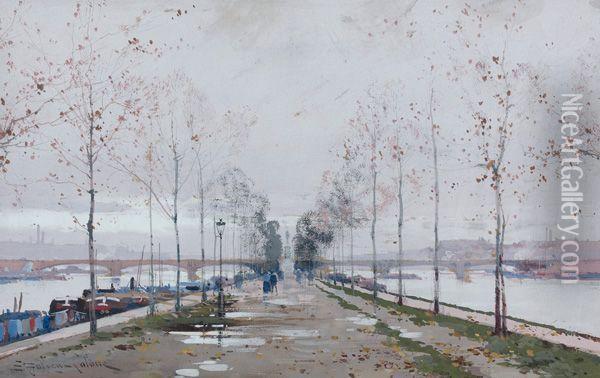 L'ile Seguin A Boulogne Oil Painting - Eugene Galien-Laloue