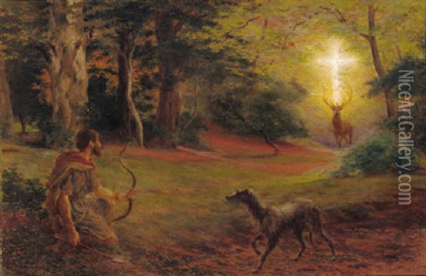 St. Hubert And The Vision Above The Stag Oil Painting - Herbert Alfred Bone