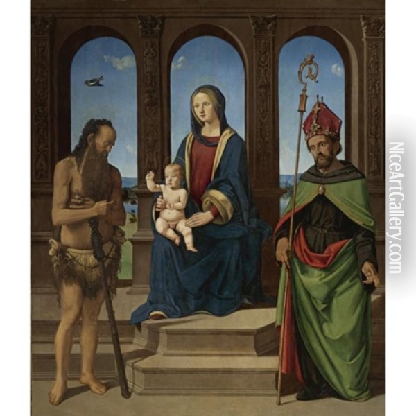 The Madonna And Child Enthroned With Saints Onophrius And Augustine Oil Painting -  Piero di Cosimo