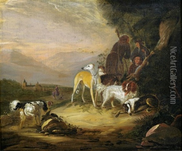 Drei Jager Mit Ihrer Hundemeute Oil Painting - Adriaen Cornelisz Beeldemaker