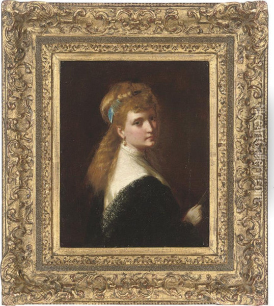 Portrait Of A Young Lady, Half-length, With A Blue Ribbon In Herhair Oil Painting - George Augustus Freezor