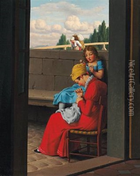 Mother Sewing And Her Little Girl With A Doll In The Doorway Near A Bridge, Paris Oil Painting - Christoffer Wilhelm Eckersberg