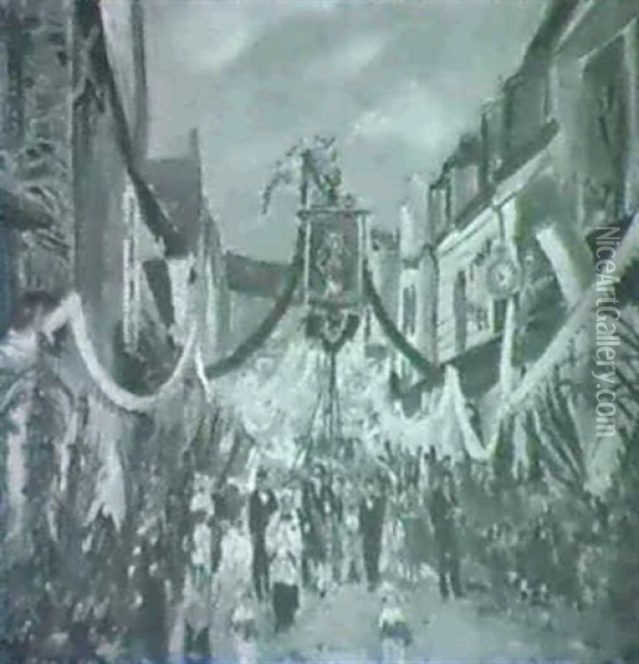 Fronleichnamsprozession Im Einer Franzosischen Lkeinstadt Oil Painting - Lucien Adrion