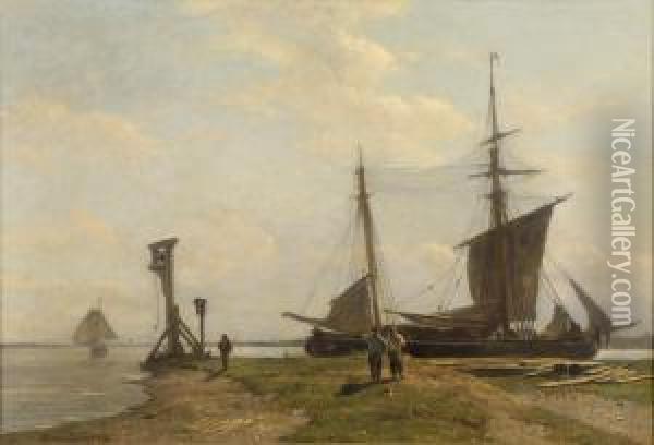 Anlegestelle Auf Der Schelde. Oil Painting - W.A. van Deventer