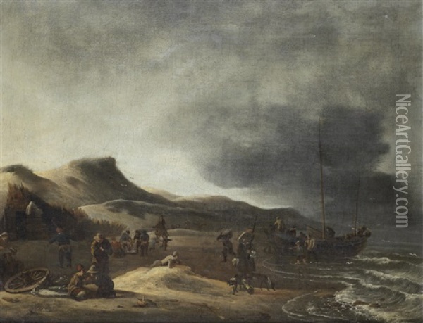 A Dune Landscape With Figures Standing On The Shore Oil Painting - Hendrik Jacobsz Dubbels