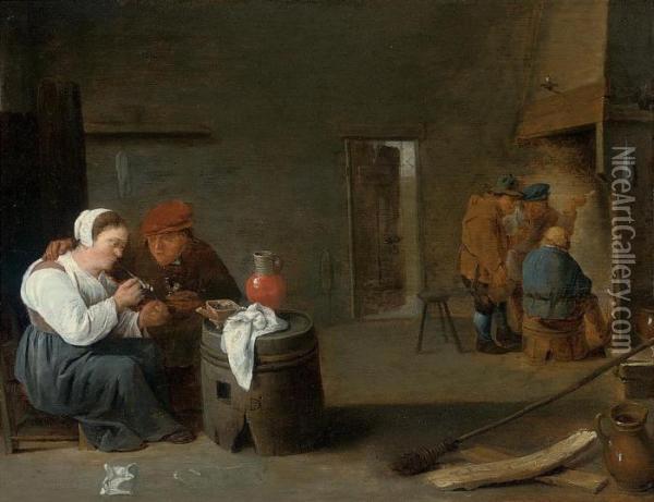 Peasants Smoking In An Interior Oil Painting - David The Younger Teniers