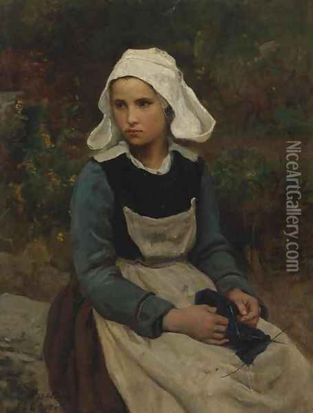 Young Brittany Girl Knitting Oil Painting - Jules Breton
