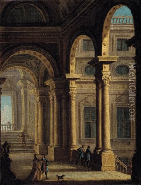 A Classical Colonnade With Figures Oil Painting - Gennaro Greco