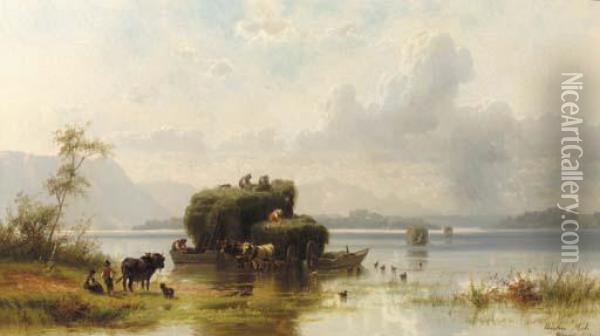 Unloading Haybarges, Chiemsee Oil Painting - Christian Friedrich Mali