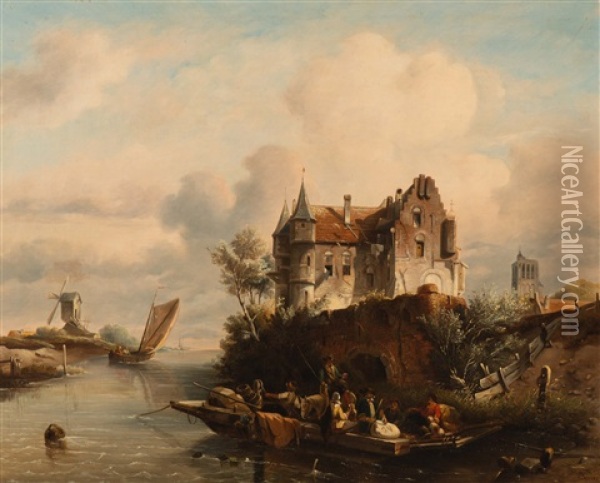 Dutch River Landscape With Ferry And Figures By A Castle Oil Painting - Salomon Leonardus Verveer