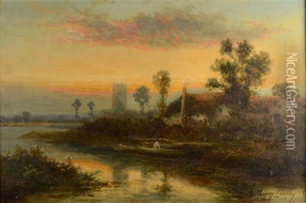 Sunset Over An English Town Oil Painting - William Langley