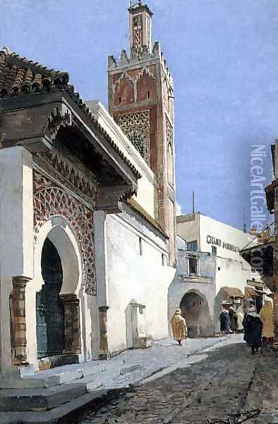 A Street Scene with a Mosque, Tangier Oil Painting - Manuel Garcia y Rodriguez