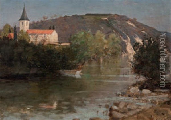 Flusslandschaft Mit Blick Auf Eine Kirche Oil Painting - Frank Buchser