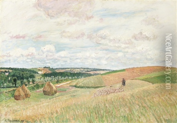 Les Coteaux De Thierceville, Meules, Berger Et Troupeau Oil Painting - Camille Pissarro
