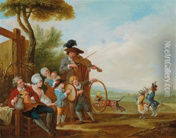 Merry-making Musicians; And A Bagpipe-player In Front Of A Tavern Oil Painting - Louis Joseph Watteau