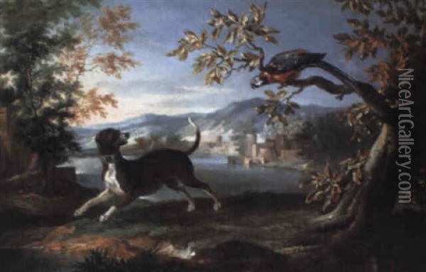 Chien Et Perroquet Dans Un Paysage De Riviere Pres D'un Village Oil Painting - Jean-Baptiste Oudry