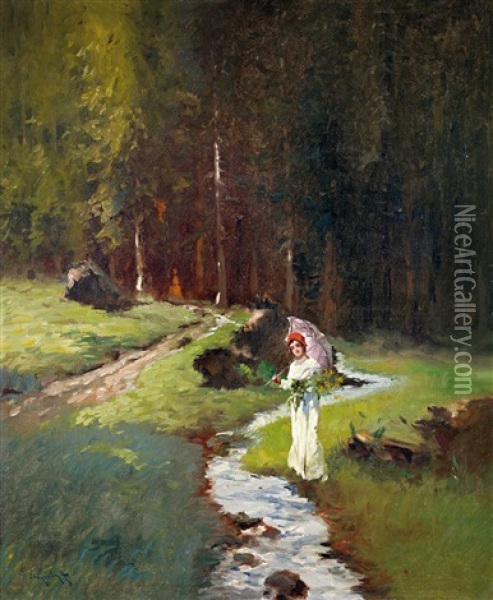 At The Stream Oil Painting - Antal (Laszlo) Neogrady