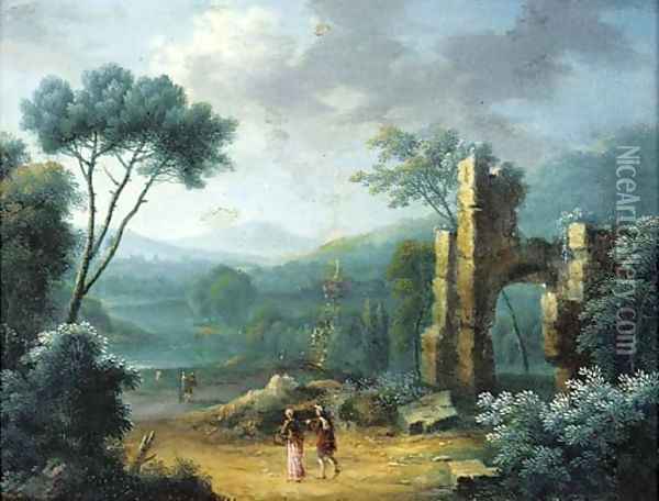 A wooded landscape with figures on a path by classical ruins Oil Painting - Norbert Joseph Carl Grund