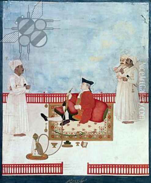 A European Seated on a Terrace with Attendants, c.1760-63 Oil Painting - Dip Chand
