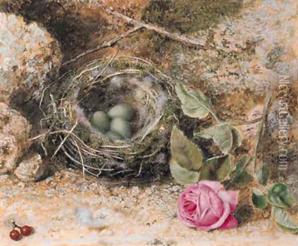 Still life with a birds nest, redcurrants and a rose Oil Painting - John Sherrin