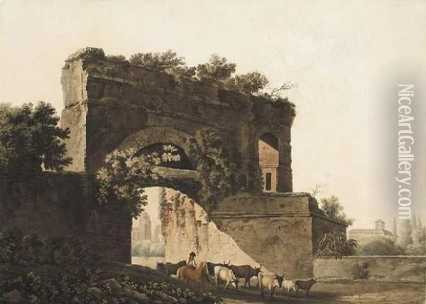 Berger A Cheval Et Troupeau Passant Sous Une Arche Romaine. Oil Painting - Abraham Louis R. Ducros