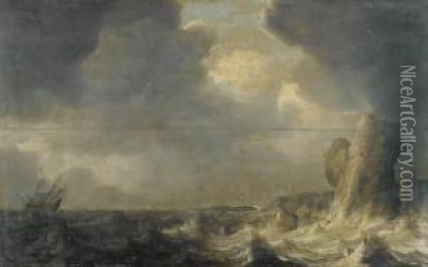Felsige Kustenpartie Mit Schiffen Auf Sturmischer See. Oil Painting - Pieter the Younger Mulier