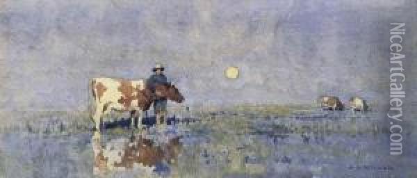 Boy With Calf In Meadow Oil Painting - Jesse Jewhurst Hilder