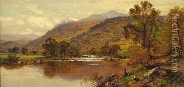 River Landscape In Wales Oil Painting - Alfred Augustus Glendening Sr.