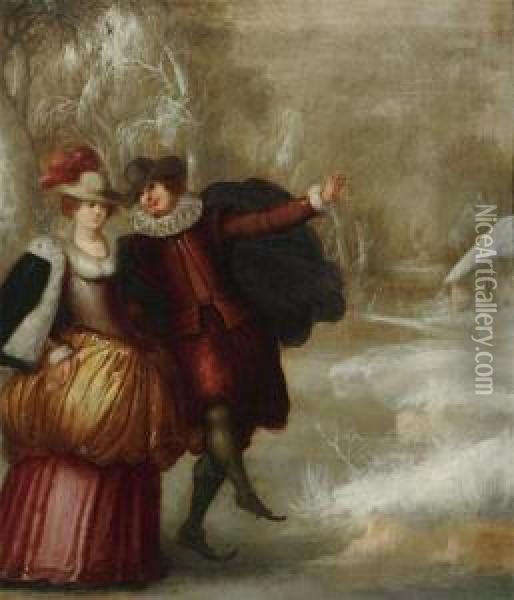 Skating Couple Oil Painting - Otto van Veen