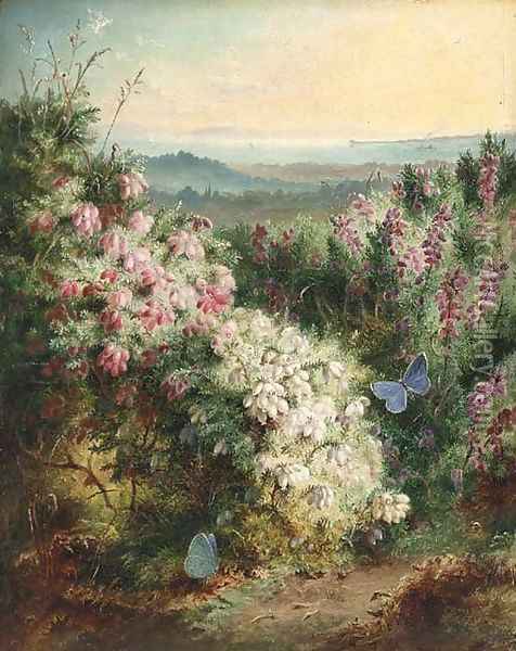 An extensive spring landscape with heather in bloom and butterflies Oil Painting - George Lucas