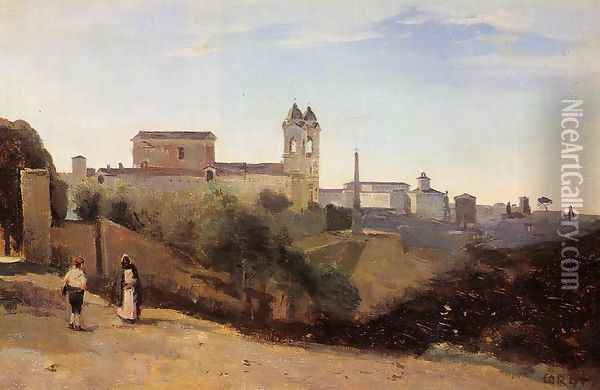 Rome, Monte Pinco, the Trinita dei Monte, View from the Garden of the Academie de France Oil Painting - Jean-Baptiste-Camille Corot