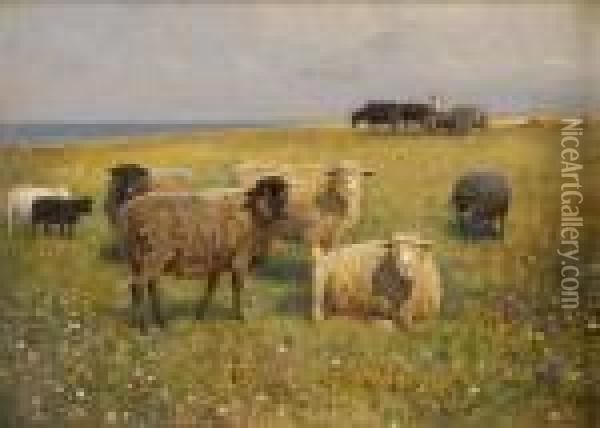 Kustenlandschaft Mit Schafen Und Ochsenkarren. Oil Painting - Greben