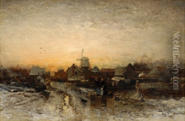 Winterliche Dorfansicht Mit Landvolk Oil Painting - Ludwig Munthe
