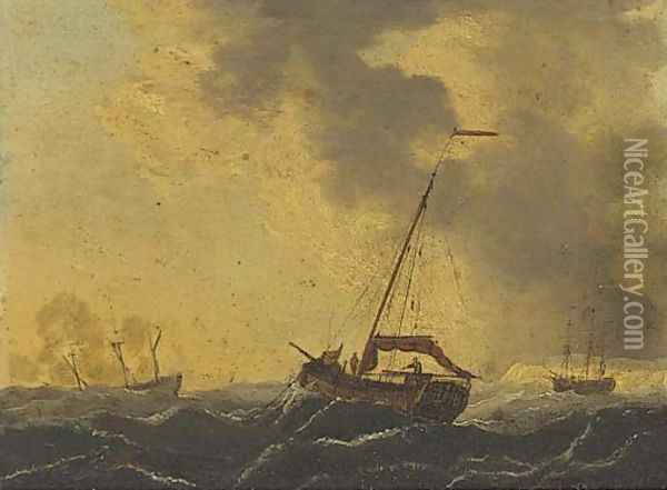 Men-o'war in coastal waters; and Shipping riding out a gale in the Channel Oil Painting - Francis Swaine