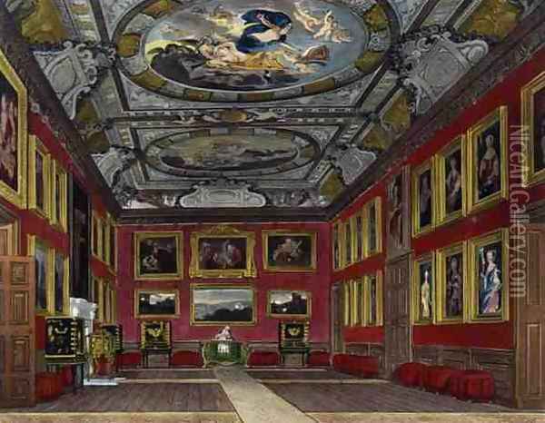 Queens State Bedchamber, Windsor Castle, from Royal Residences, engraved by J. Baily, pub. by William Henry Pyne 1769-1843, 1818 Oil Painting - James Stephanoff