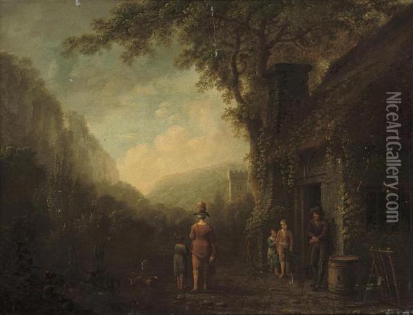A Family By A Cottage, The Village Of Neath Beyond Oil Painting - Anthony Devis
