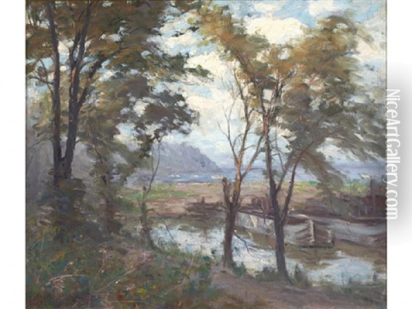 Lake Scene Through The Trees Oil Painting - Hal Robinson