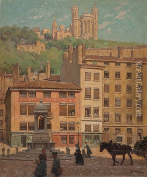 Belebter Platz In Lyon Mit Blick Auf Die Basilika Notre-dame De Fourviere Oil Painting - Charles Claude Etienne Rouviere