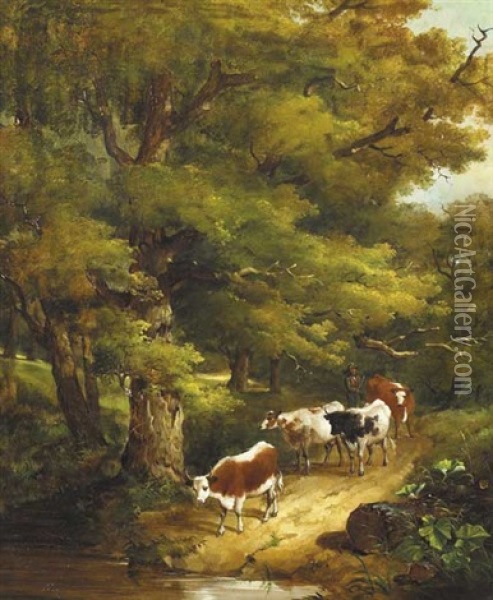 Driving The Cattle To Water Oil Painting - Isaac Henzell