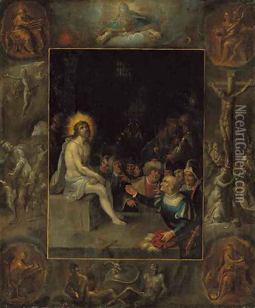 The Mocking of Christ, in a grisaille surround depicting God the Father, the Evangelists, The Crucifixion, The Resurrection and The Devil and Death wi Oil Painting - Frans II Francken