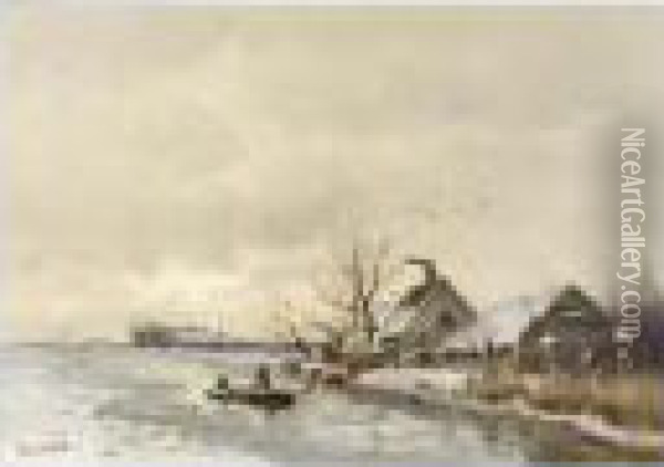 A Winter Landscape With Farm Houses Along A Waterway Oil Painting - Louis Apol