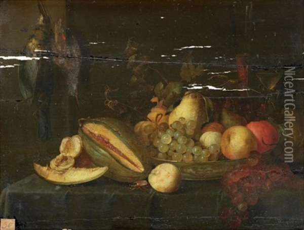 Nature Morte Au Melon D'eau Et Coupe De Fruits Sur Un Entablement Oil Painting - Jacob Fopsen van Es