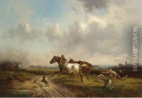 A Ploughing Farmer Disturbed By Approaching Soldiers Oil Painting - Adolf Schmidt