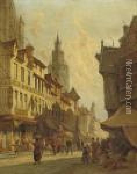 A View Of Ghent With The Sint Niklaaskerk And The Tower Of Belfort Beyond Oil Painting - Pieter Cornelis Dommershuijzen