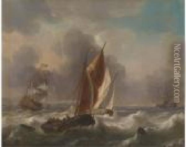 A Dutch Man-o'-war And Other Shipping In Choppy Seas Oil Painting - Ludolf Backhuysen