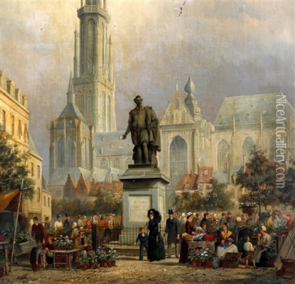 An Antwerp Flower Market Oil Painting - William Raymond Dommersen