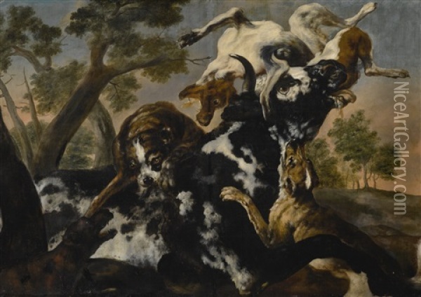 Three Dogs Attacking A Cow Oil Painting - Paul de Vos